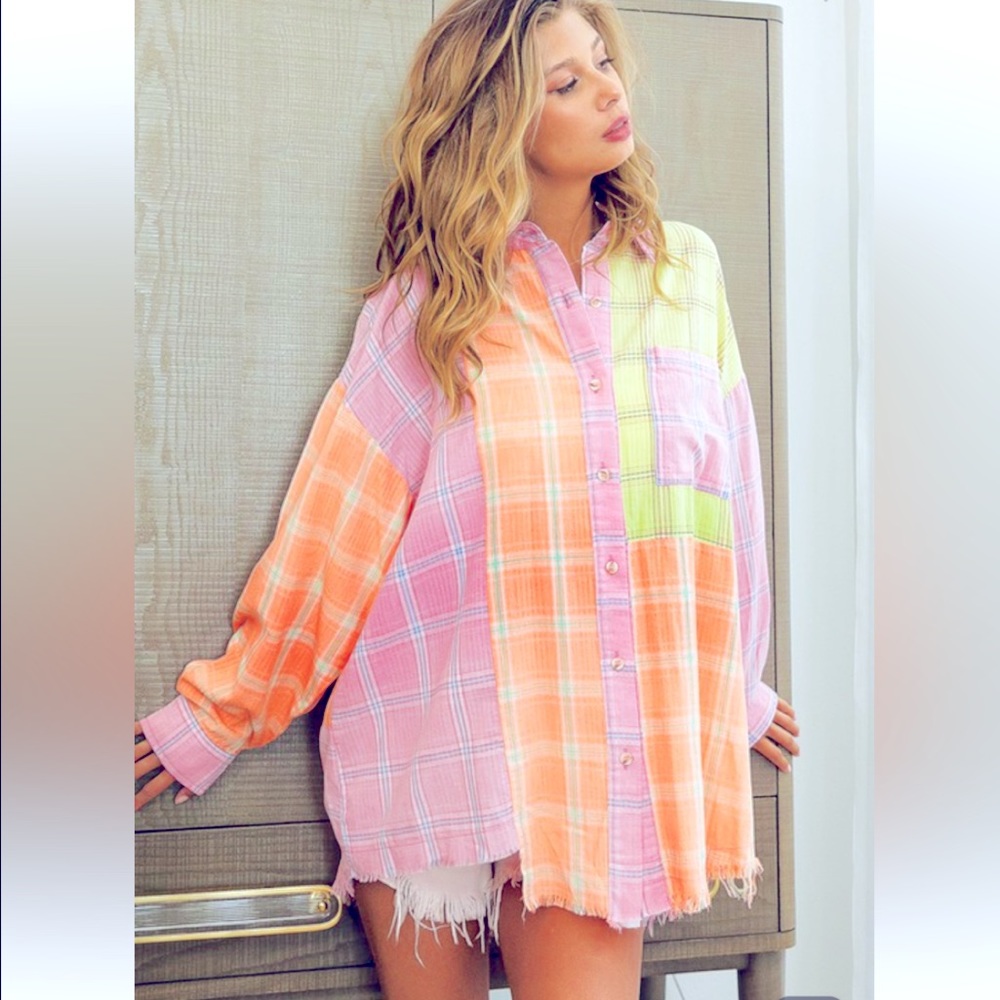 Bleach Washed Check Plaid Color Blocked Beachy Button Front Shirt